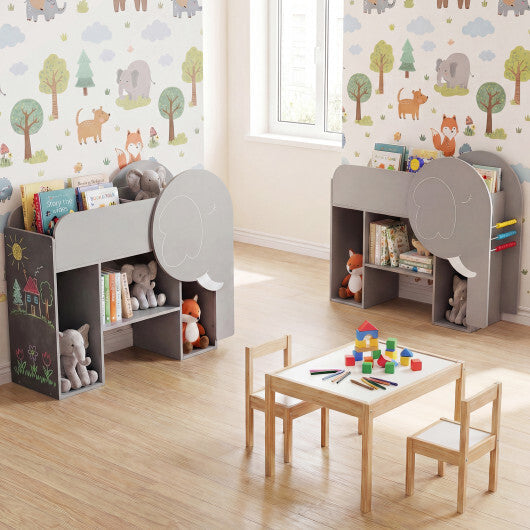 Montessori Bookshelf with Elephant Shape 3-Tier Toddler Toy Storage Organizer-Grey