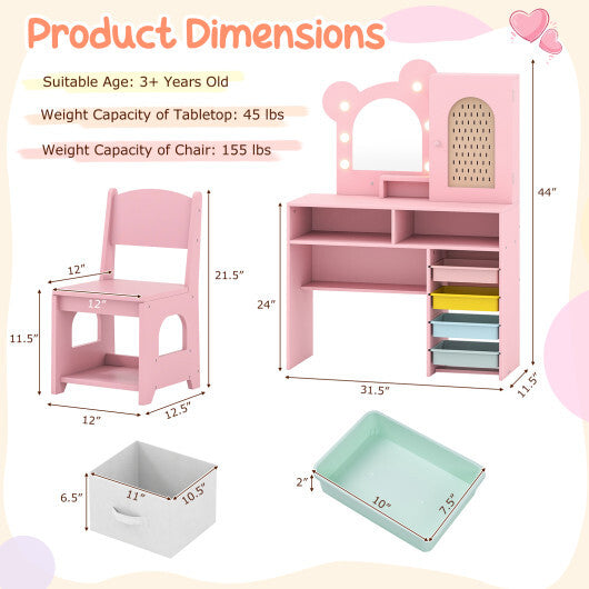Kids Vanity with Lights and 5 Drawers for Kids Aged 3+ Years Old-White