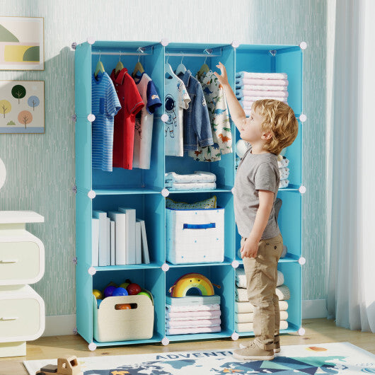 Modular Baby Wardrobe with 10 Cubes & Hanging Rod and Shelves Stackable-Pink