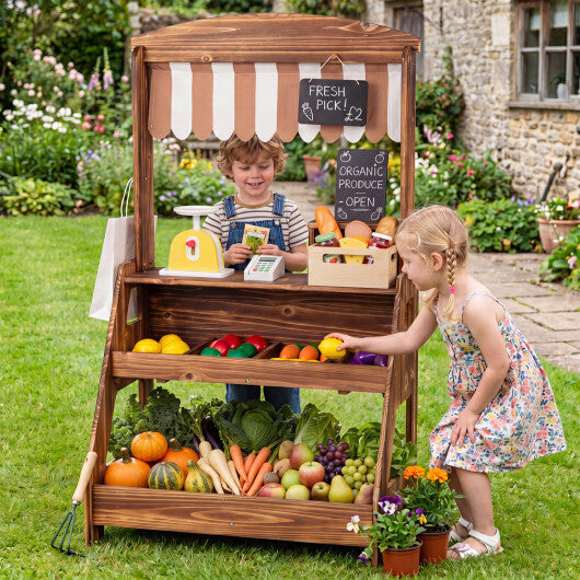 2-in-1 Wooden Mud Kitchen and Market Stand for Kids Outdoor with Planter Box and 2 Chalkboards-Natrual