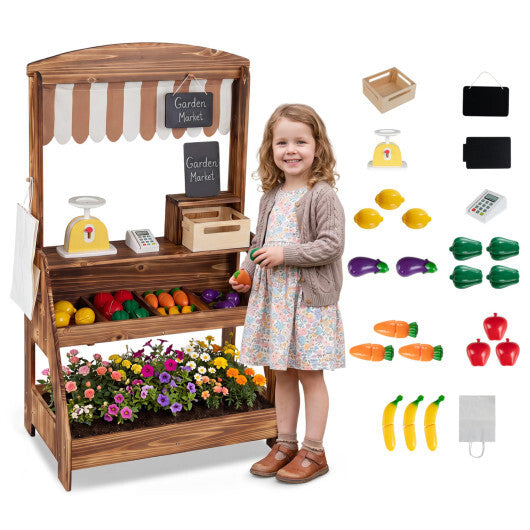 2-in-1 Wooden Mud Kitchen and Market Stand for Kids Outdoor with Planter Box and 2 Chalkboards-Natrual