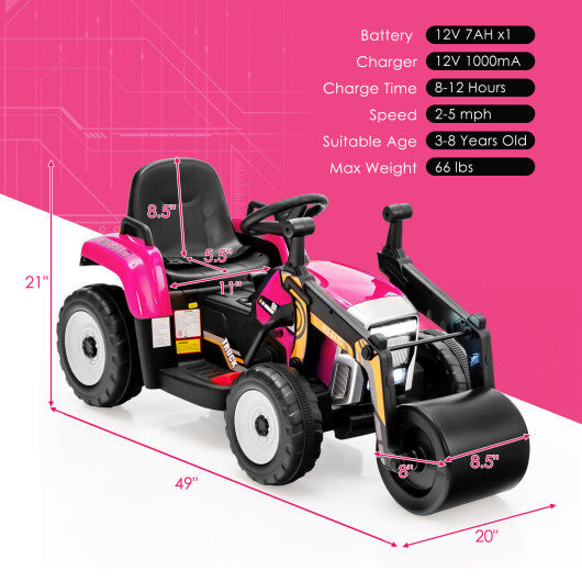 12V Kids Ride on Road Roller with 2.4G Remote Control-Pink - Color: Pink