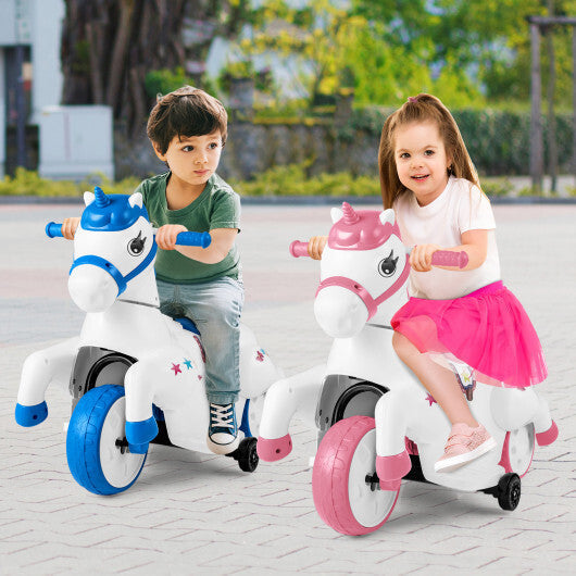 12V Unicorn Ride on Toy with Training Wheels and Horse Riding Mode-Navy