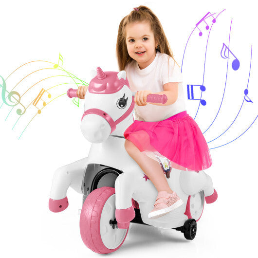 12V Unicorn Ride on Toy with Training Wheels and Horse Riding Mode-Navy
