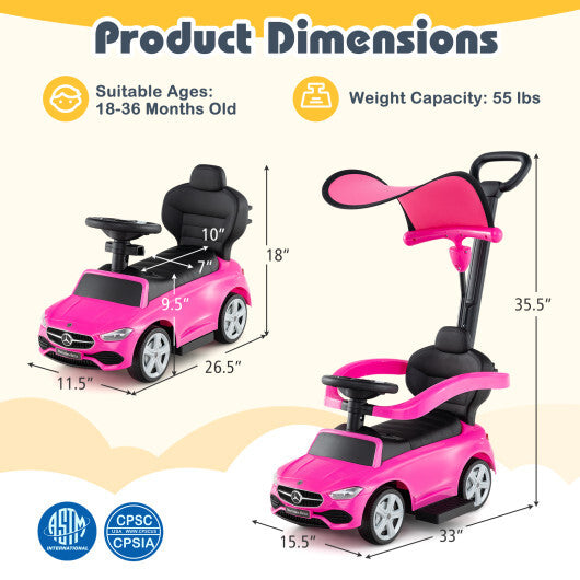 3-in-1 Ride on Push Car Mercedes-Benz Licensed Sliding Car with Canopy-Pink - Color: Pink