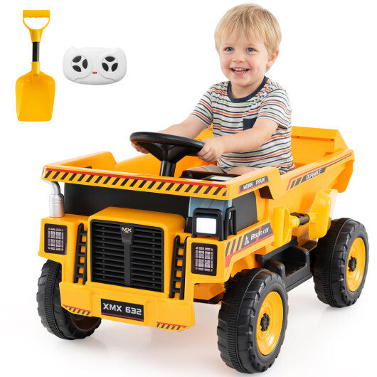 24V Construction Electric Vehicle with Dump Bed and Remote Control for Aged 3-8-Yellow - Color: Yellow
