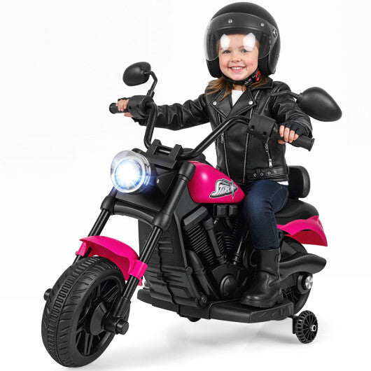 6V Kids Motorcycle with Headlight and Music and Training Wheels-Pink - Color: Pink
