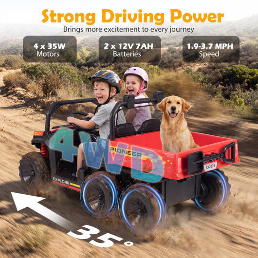 24V 2-Seater Kids Ride on Dump Truck 4WD with Electric Dump Bed and Lights-Red - Color: Red