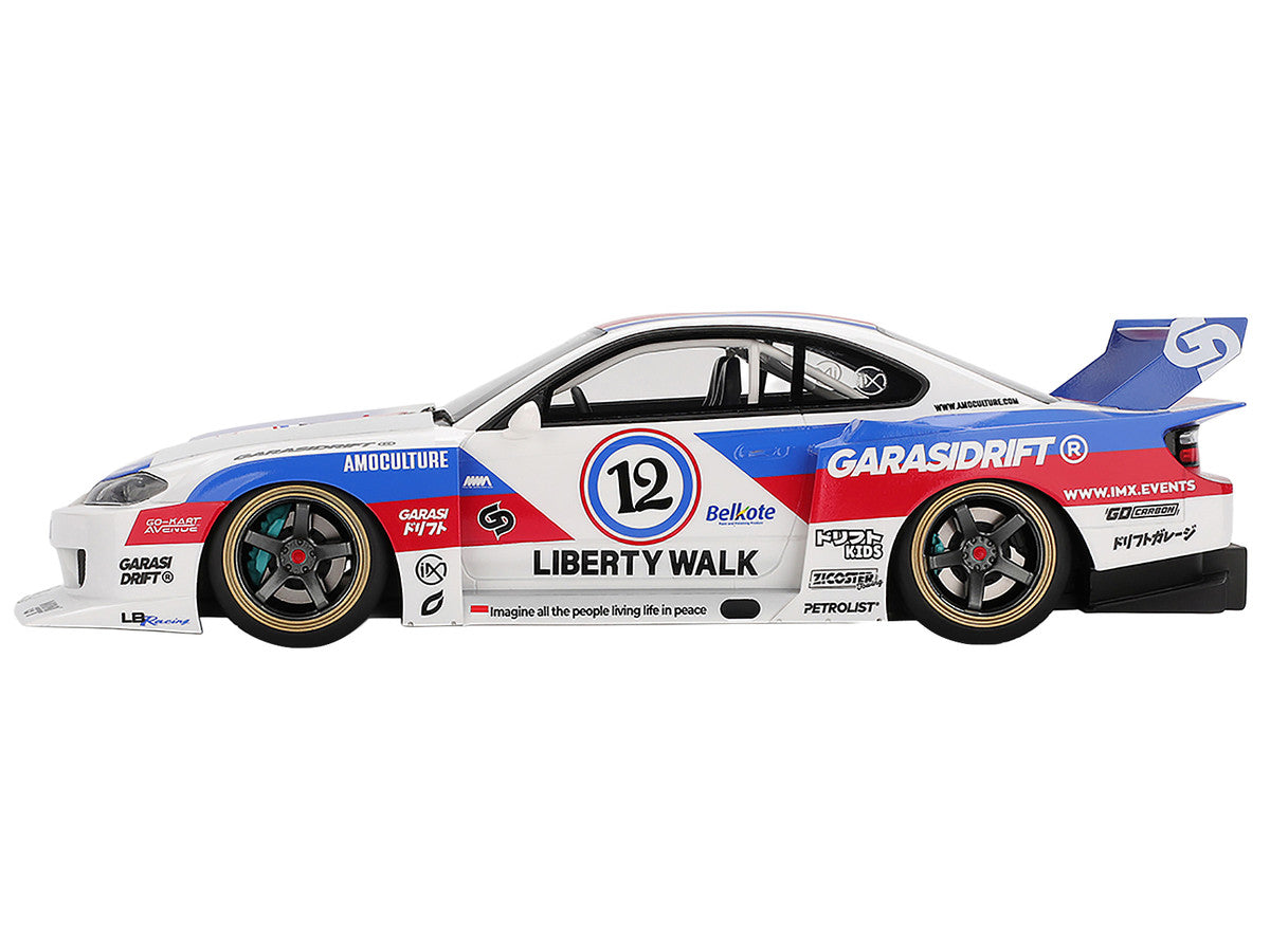 Nissan "LB-Super Silhouette" S15 SILVIA RHD (Right Hand Drive) #12 "GARASIDRIFT" White with Red and Blue Graphics 1/18 Model Car by Top Speed