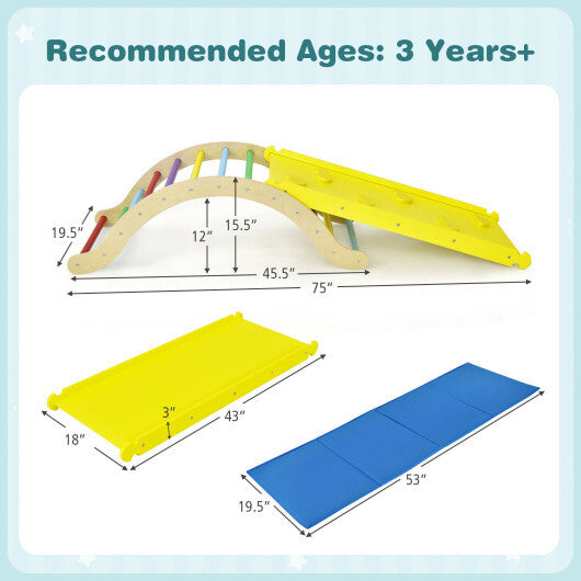 3-in-1 Kids Climber Set Wooden Arch Triangle Rocker with Ramp and Mat - Color: Yellow