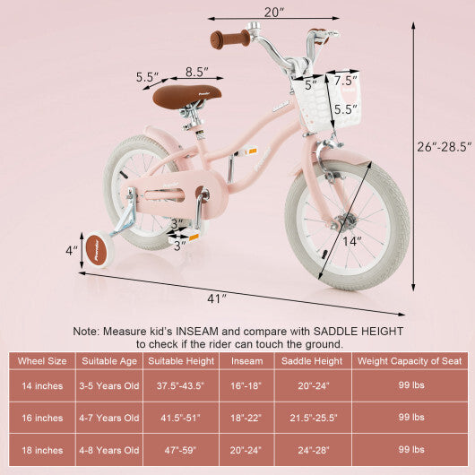 14 Inch Kid's Bike with Removable Training Wheels and Basket-Pink - Color: Pink - Size: 14 inches