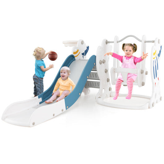 4-in-1 Kids Slide and Swing Set with Basketball Hoop-Blue