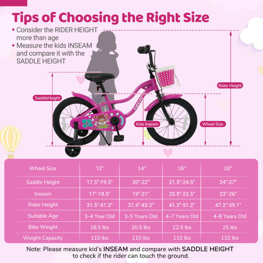 18 Inch Kids Bike with Training Wheels for Aged 3-8 Years Old - Magic Rose - Color: Rose Red - Size: 18 inches