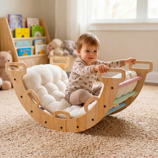 Wooden Rocking Climbing Arch with Cushion 3-in-1 Montessori Kids Climber Rocker-Multicolor