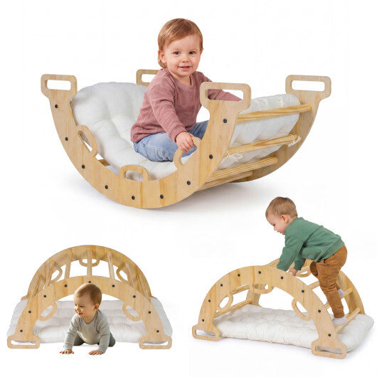 Wooden Rocking Climbing Arch with Cushion 3-in-1 Montessori Kids Climber Rocker-Multicolor