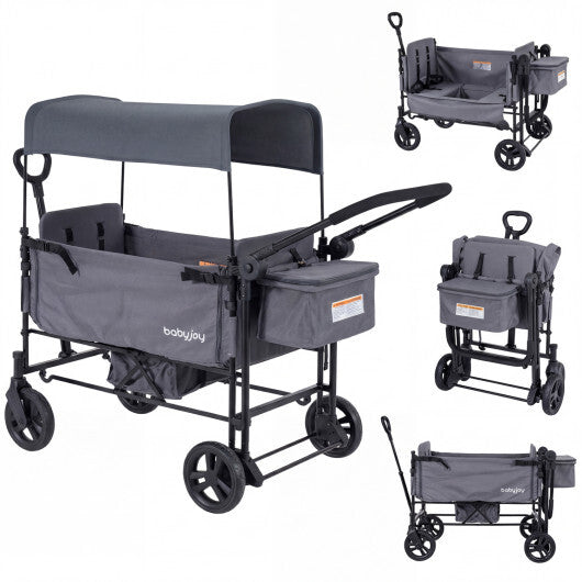 Foldable Wagon Stroller for 2 Kids with Removable Canopy and Adjustable Push Handle-Gray