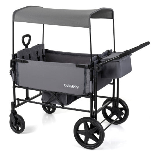 Foldable Wagon Stroller for 4 Kids with Removable Canopy and Adjustable Push-Gray