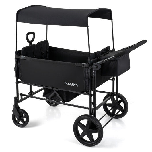 Foldable Wagon Stroller for 4 Kids with Removable Canopy and Adjustable Push-Gray
