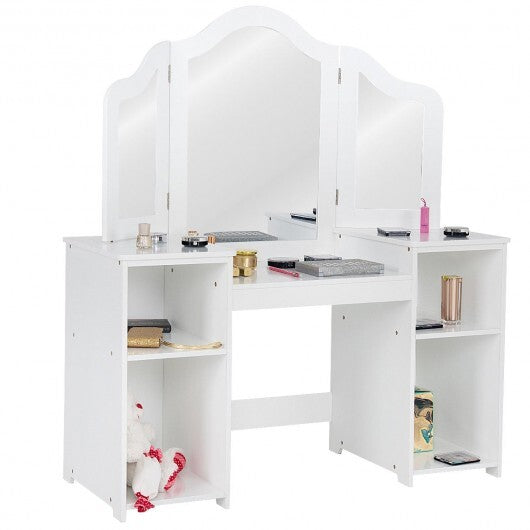 Kids Tri Folding Mirror Makeup Dressing Vanity Table Set-White
