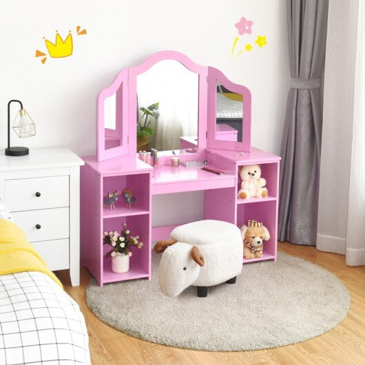 Kids Tri Folding Mirror Makeup Dressing Vanity Table Set-White