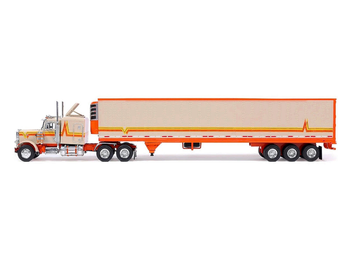 1973 Peterbilt 359 Truck Tractor with Sleeper Cab Cream with Orange and Yellow Stripes and Refrigerate Modern Trailer 1/64 Diecast Model Car by IXO Models