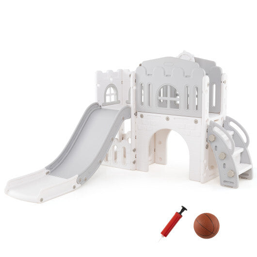 9-in-1 Toddler Slide L-Shaped with Basketball Hoop and Steering Wheel-Yellow