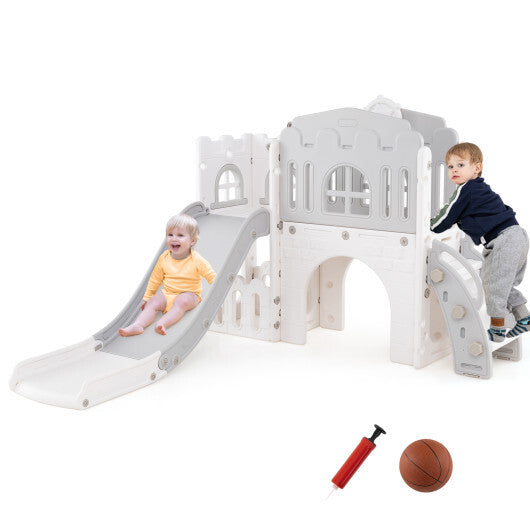 9-in-1 Toddler Slide L-Shaped with Basketball Hoop and Steering Wheel-Yellow