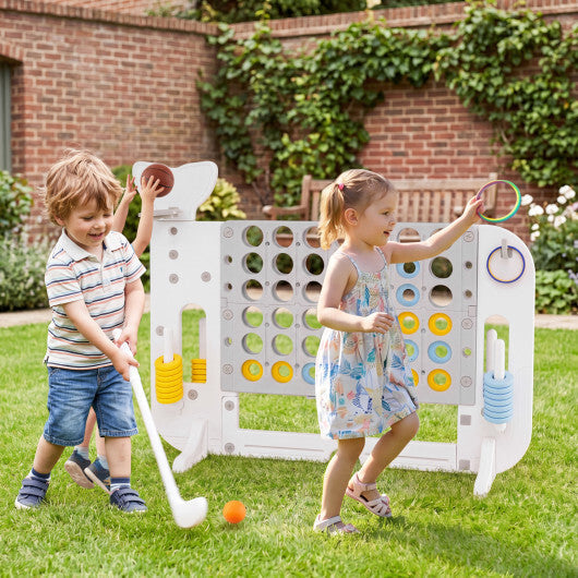 Costway 4-in-a-Row Game Set with Ring-toss Basketball Golf Club & Balls 2 Cups Holders Gray
