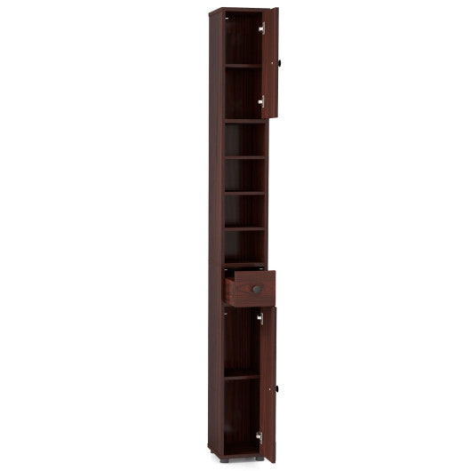 Costway Freestanding Slim Bathroom Cabinet with Drawer and Adjustable Shelves-Brown