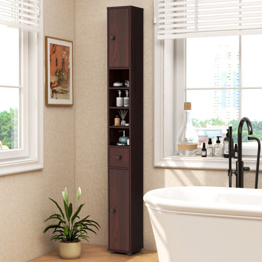 Costway Freestanding Slim Bathroom Cabinet with Drawer and Adjustable Shelves-Brown