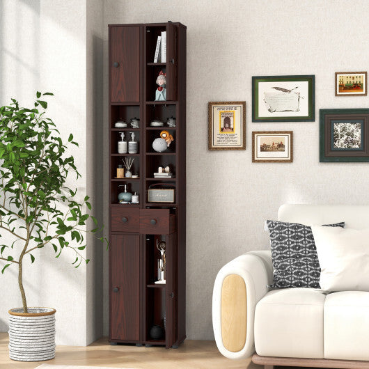 Costway Freestanding Slim Bathroom Cabinet with Drawer and Adjustable Shelves-Brown