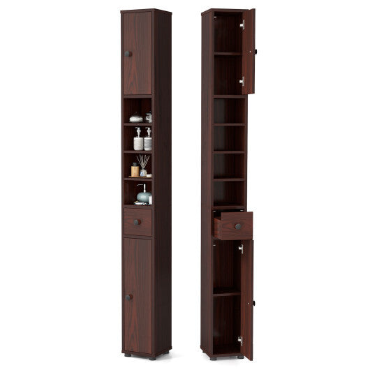 Costway Freestanding Slim Bathroom Cabinet with Drawer and Adjustable Shelves-Brown