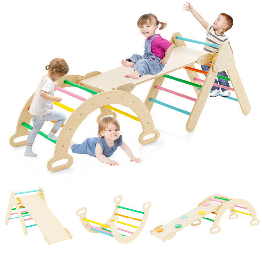 Costway 5-in-1 Wooden Kids Climber Toys with Triangle Arch Ramp-Multicolor