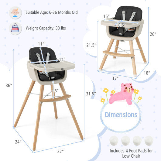 Babyjoy 3 in 1 Convertible Wooden High Chair Toddler Feeding Chair with Cushion Black