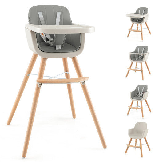 Babyjoy 3 in 1 Convertible Wooden High Chair Toddler Feeding Chair with Cushion Grey