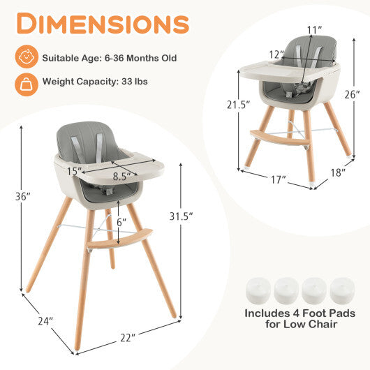 Babyjoy 3 in 1 Convertible Wooden High Chair Toddler Feeding Chair with Cushion Grey