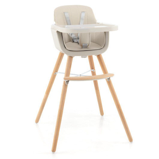 Babyjoy 3 in 1 Convertible Wooden High Chair Toddler Feeding Chair with Cushion Beige