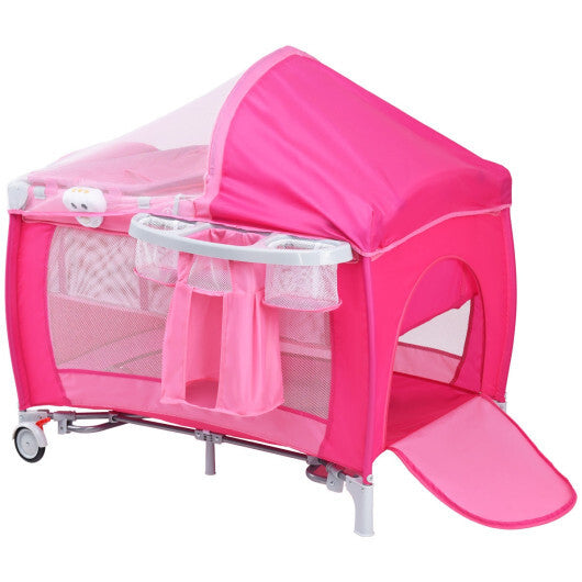 Costway Foldable Baby Crib Playpen Travel Infant Flat Bassinet Bed Mosquito Net Music with Bag Pink