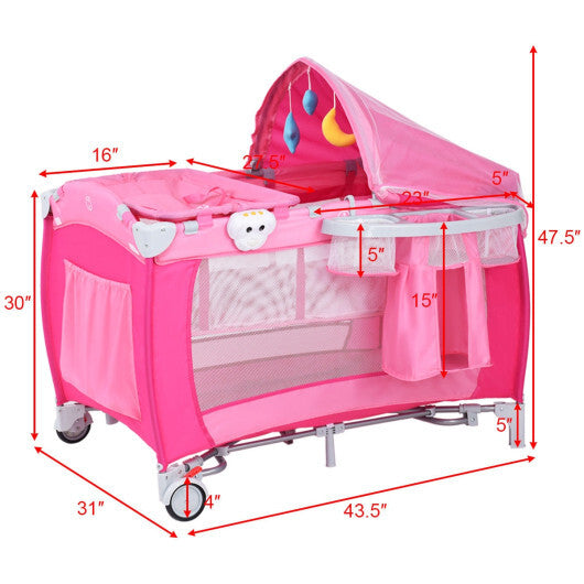 Costway Foldable Baby Crib Playpen Travel Infant Flat Bassinet Bed Mosquito Net Music with Bag Pink