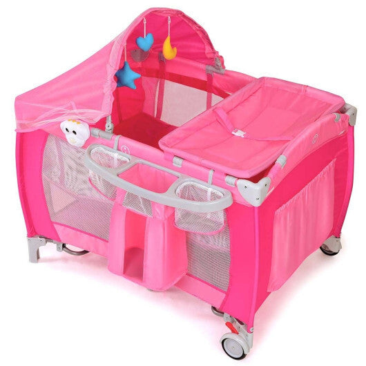 Foldable Baby Crib Playpen Travel Infant Flat Bassinet Bed Mosquito Net Music with Bag Pink
