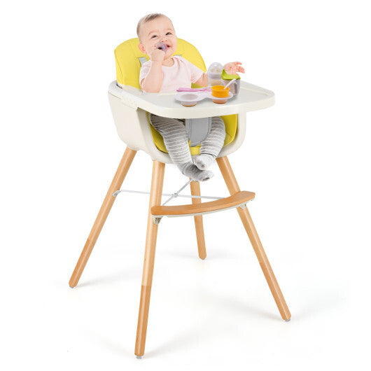 Babyjoy 3 in 1 Convertible Wooden High Chair Toddler Feeding Chair with Cushion Yellow