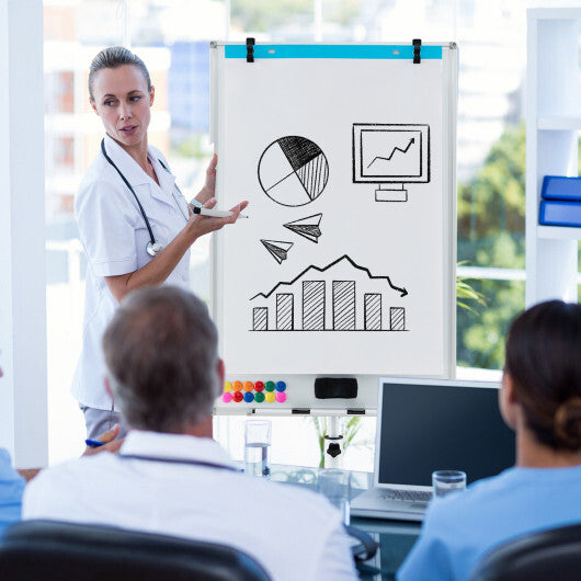 Costway Height-Adjustable Mobile Whiteboard with Round Stand Paper Clips-White