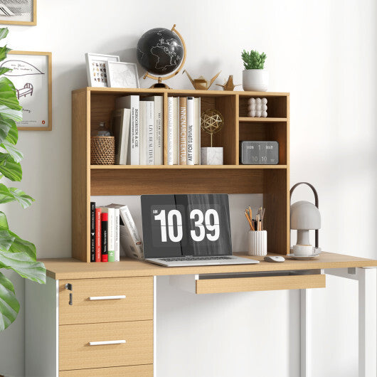 Costway Computer Desktop Bookcase with 4 Cubbies and Open Back Compartment-Natural