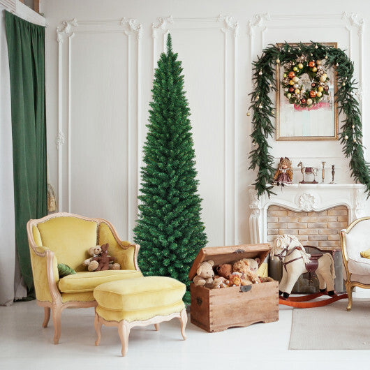 Costway 8Ft PVC Artificial Pencil Christmas Tree Slim Stand Green