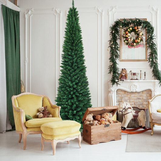 Costway 9Ft PVC Artificial Pencil Christmas Tree Slim Stand Green