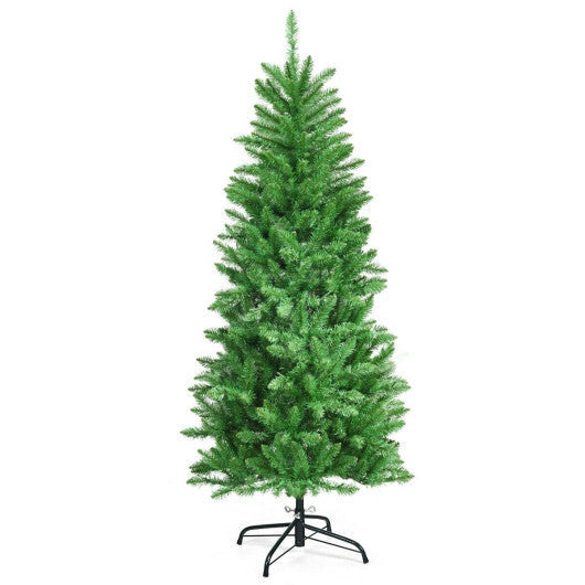 Costway 5 Feet PVC Hinged Pre-Lit Artificial Fir Pencil Christmas Tree with 150 Lights-5 ft