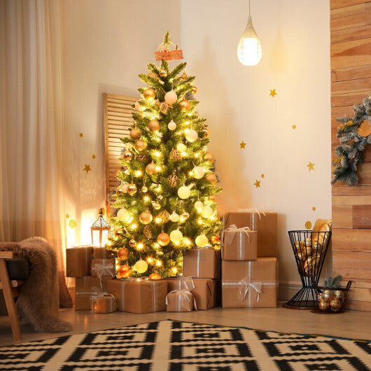 Costway 5 Feet PVC Hinged Pre-Lit Artificial Fir Pencil Christmas Tree with 150 Lights-5 ft