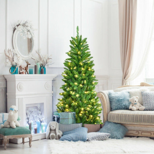 Costway 5 Feet PVC Hinged Pre-Lit Artificial Fir Pencil Christmas Tree with 150 Lights-5 ft