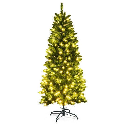 Costway 5 Feet PVC Hinged Pre-Lit Artificial Fir Pencil Christmas Tree with 150 Lights-5 ft