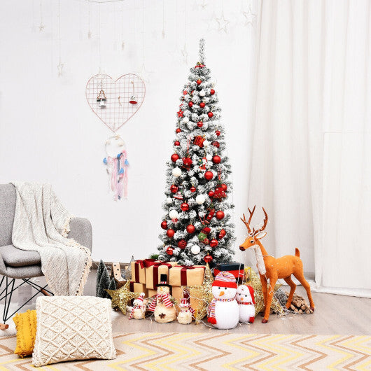 Costway 6Ft Unlit Hinged Snow Flocked Artificial Pencil Christmas Tree with 500 Branch Tips